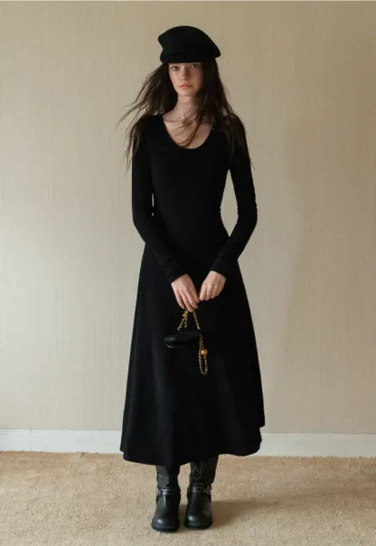 Black Long Sleeve Dress with Grey Cardigan Set
