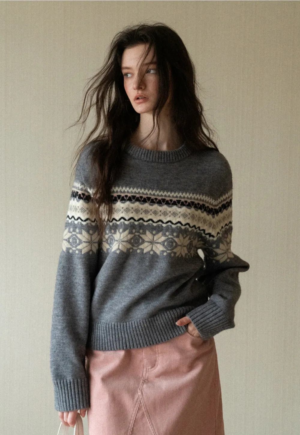 Gray Knit Sweater with Fair Isle Pattern