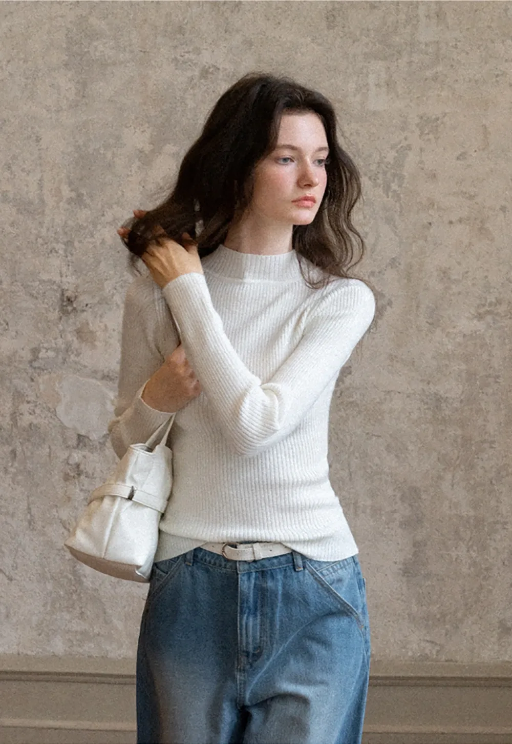 Women Soft Ribbed Mock Neck Knit Top