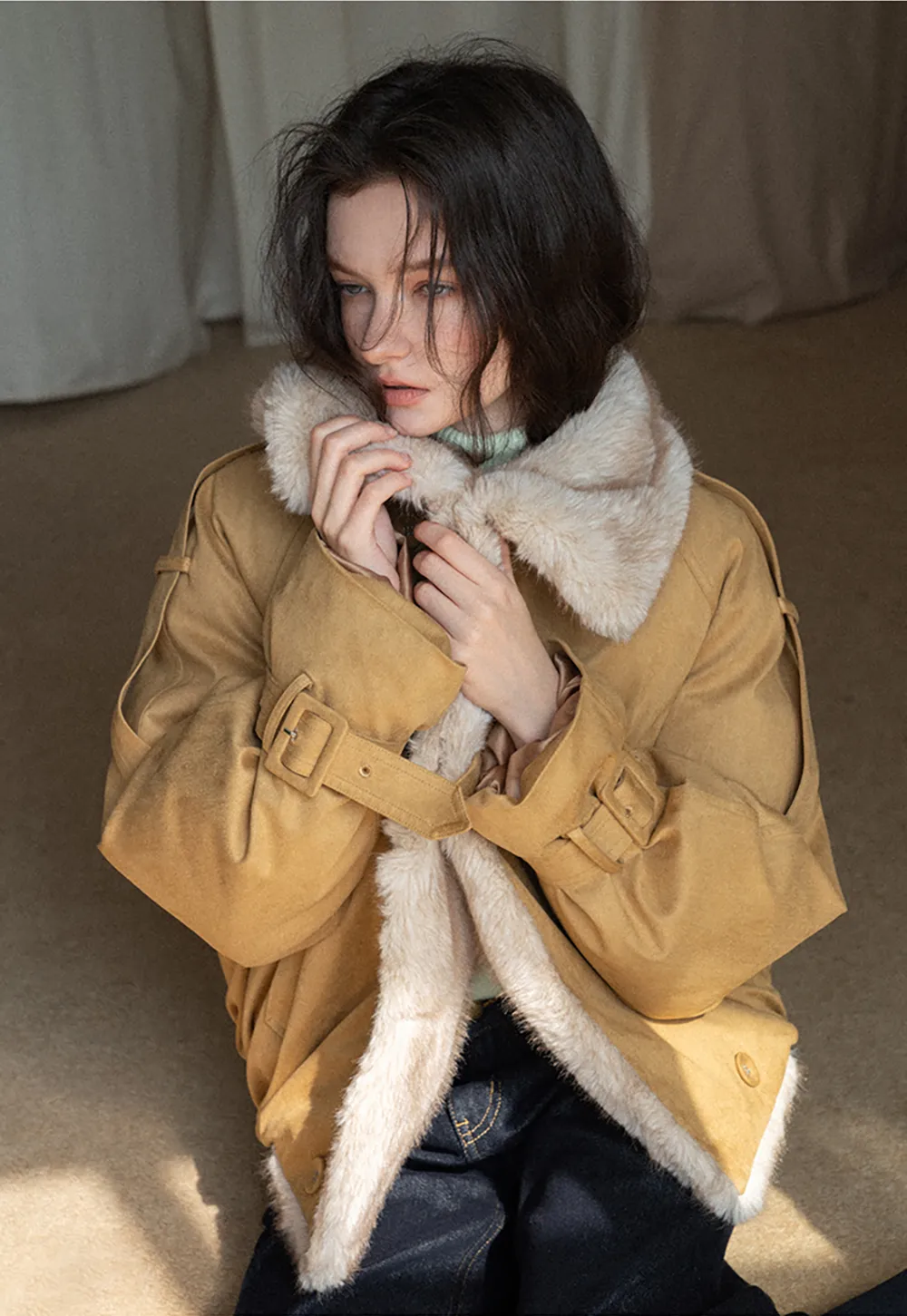 Double-Breasted Faux Shearling Jacket