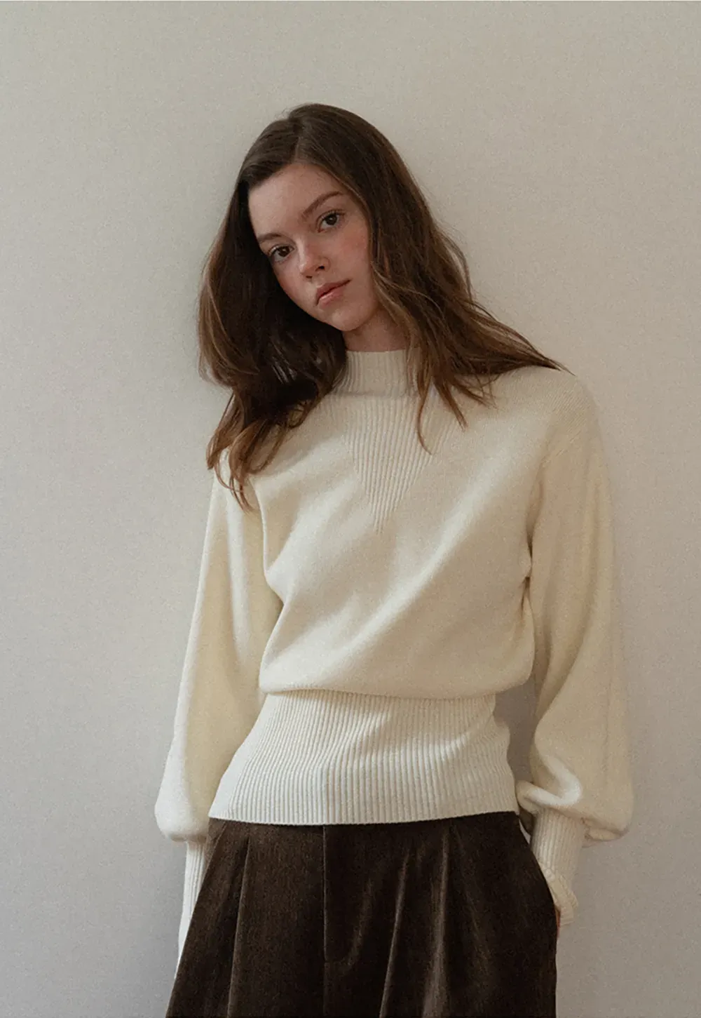Ribbed High-Neck Sweater with Balloon Sleeves