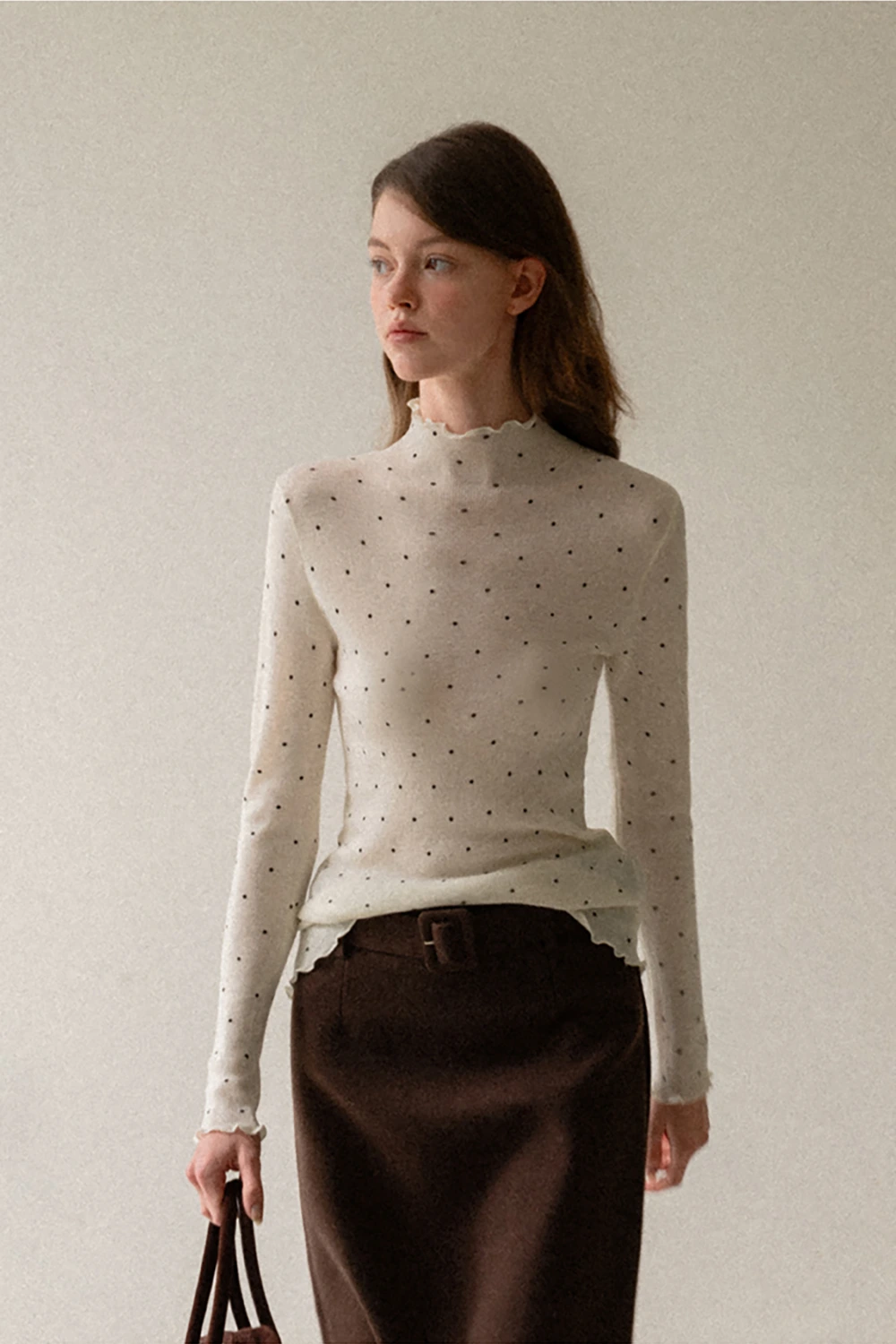 Polka Dot High Neck Ruffle Knit Top