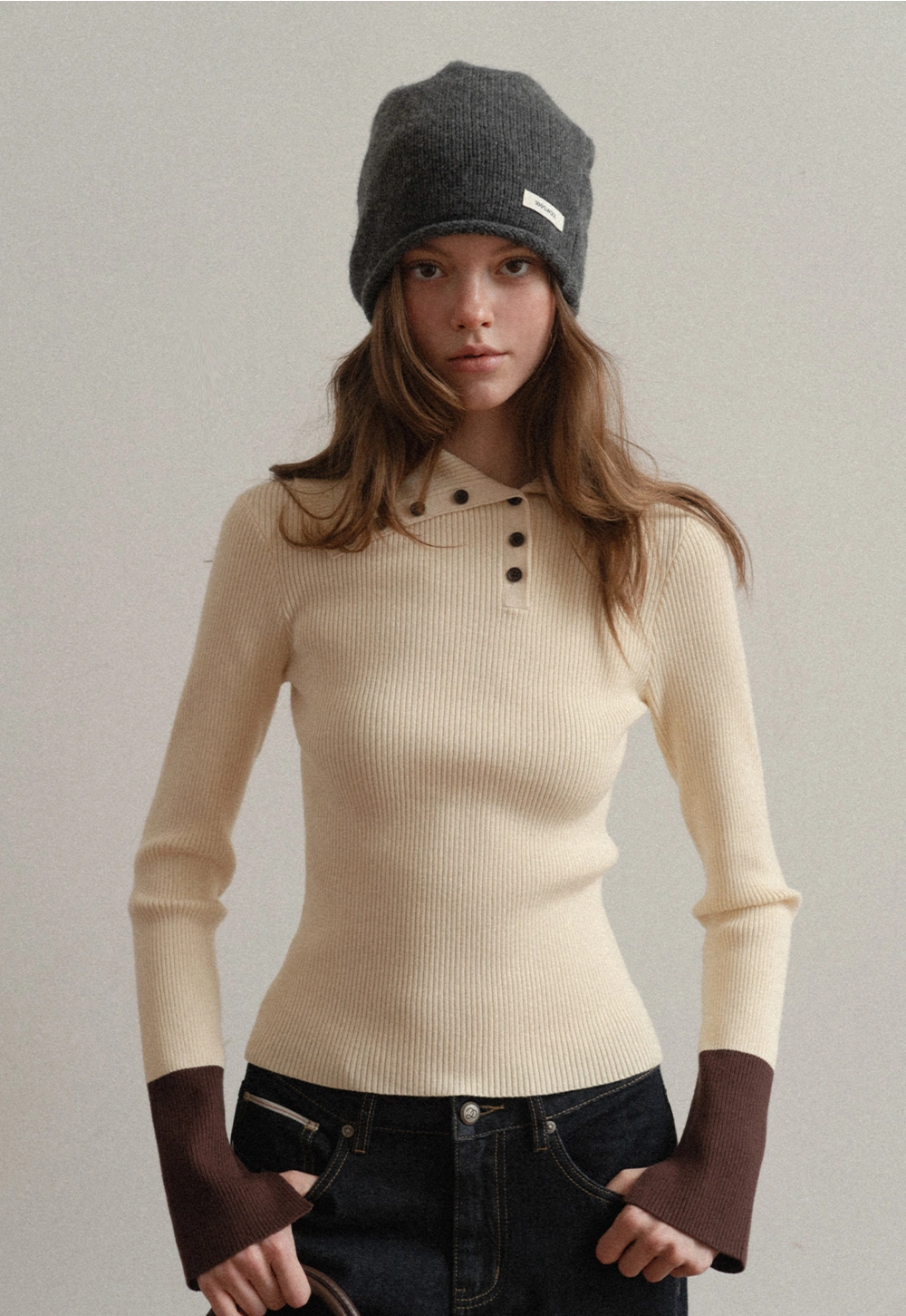 Women Stylish Ribbed Knit Top with Button Neck