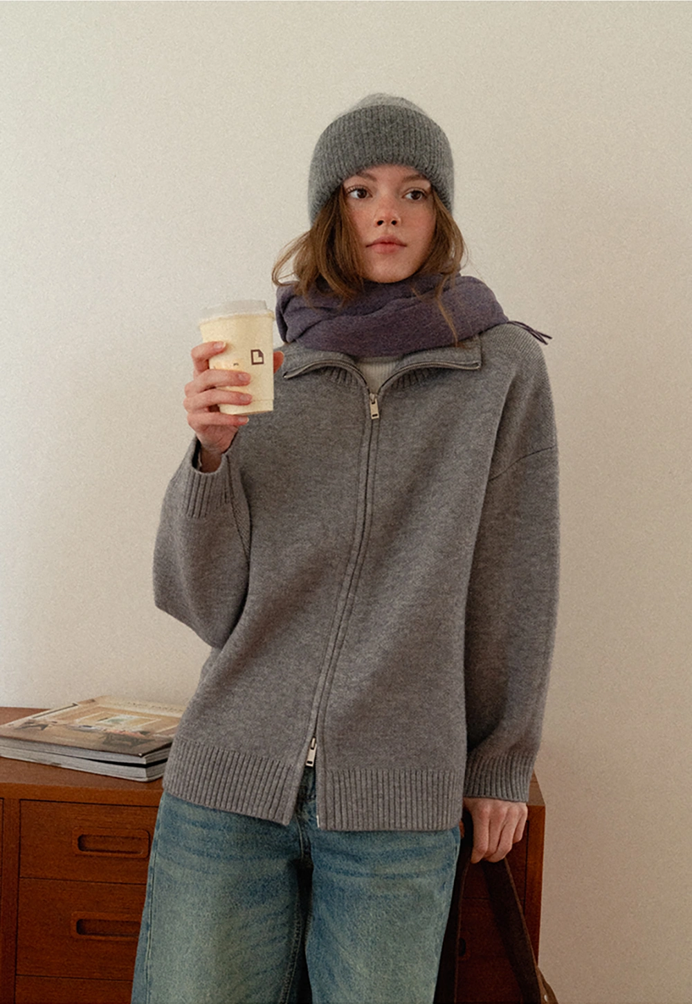 Women Grey Zip-Up Sweater with Ribbed Collar