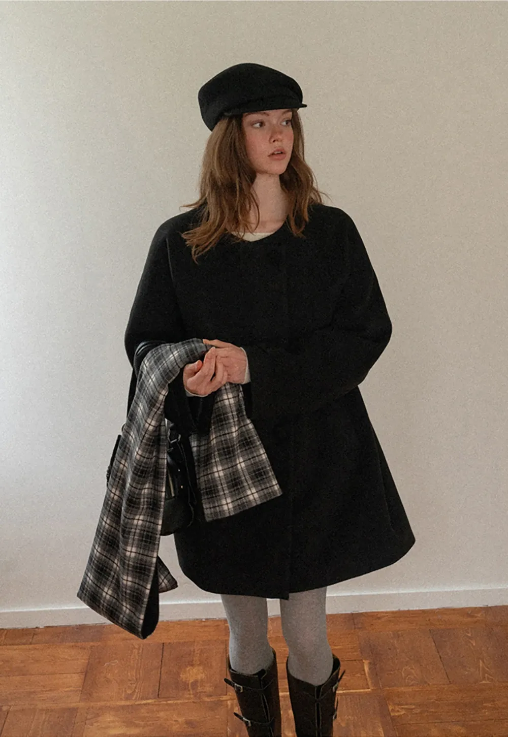 Women Black Wool Coat with Plaid Scarf Set