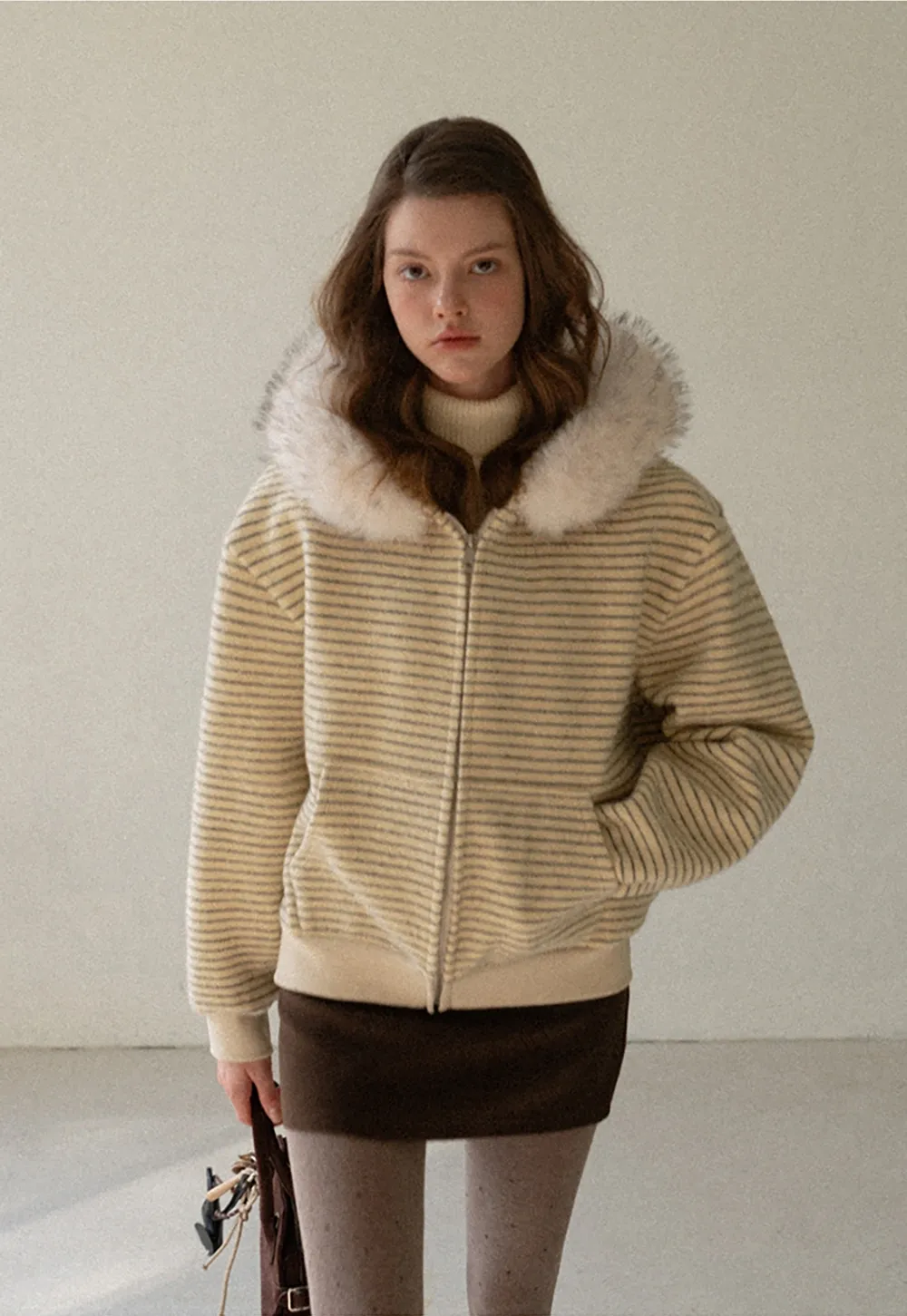 Women Striped Zip-Up Hoodie with Fur Collar