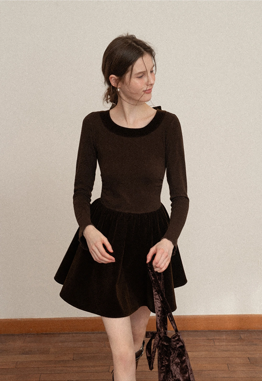 Chic Brown Velvet Mini Dress with Bell Sleeves