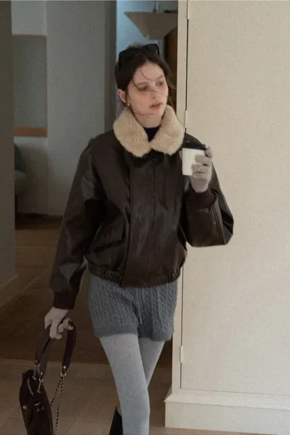 Faux Leather Bomber Jacket with Fur Collar