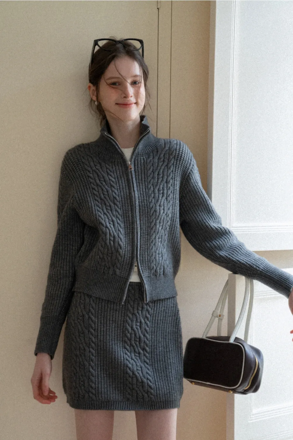 Cable Knit Zip-Up Sweater and Skirt Set