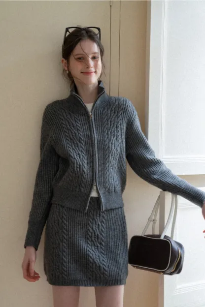 Cable Knit Zip-Up Sweater and Skirt Set