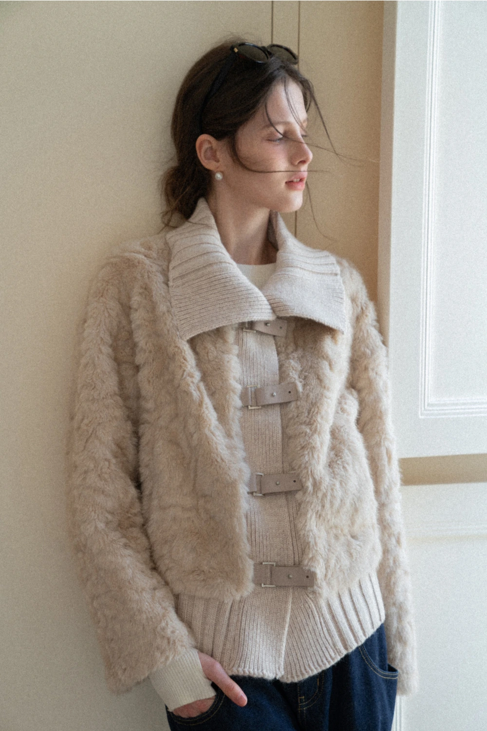 Collar Knit Patchwork Faux Shearling Coat