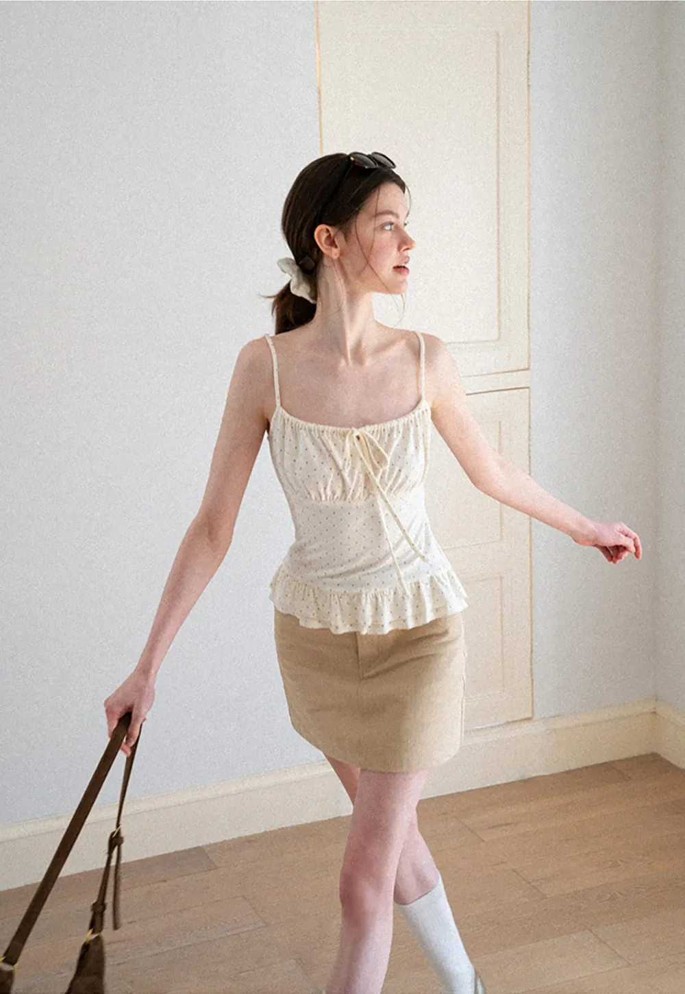 Polka Dot Drawstring Square Neck Tank Top