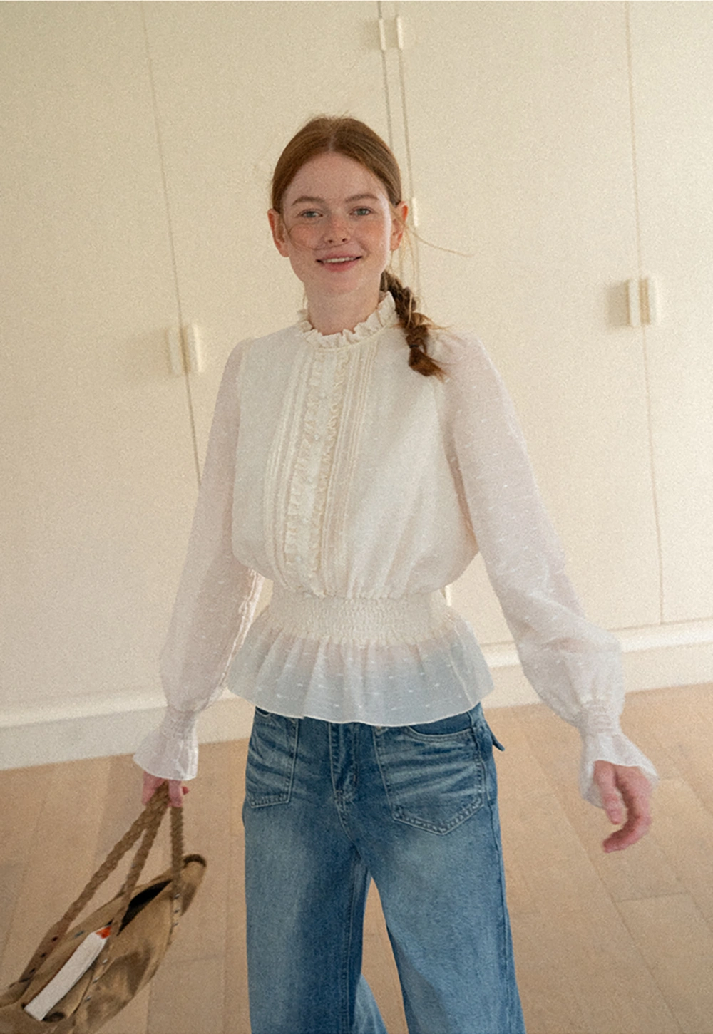 Ruffled Collar Smocked Waist Blouse
