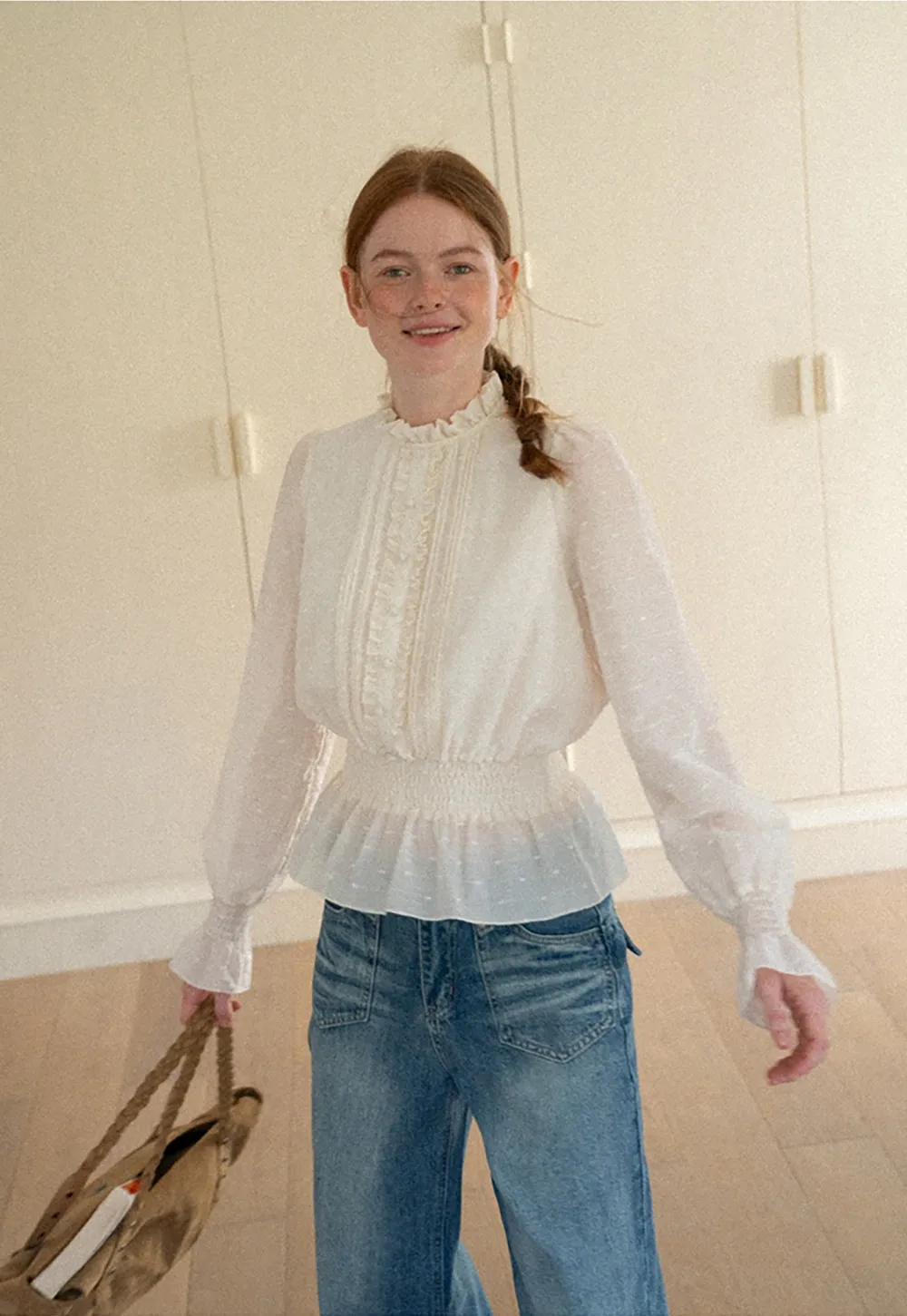 Ruffled Collar Smocked Waist Blouse