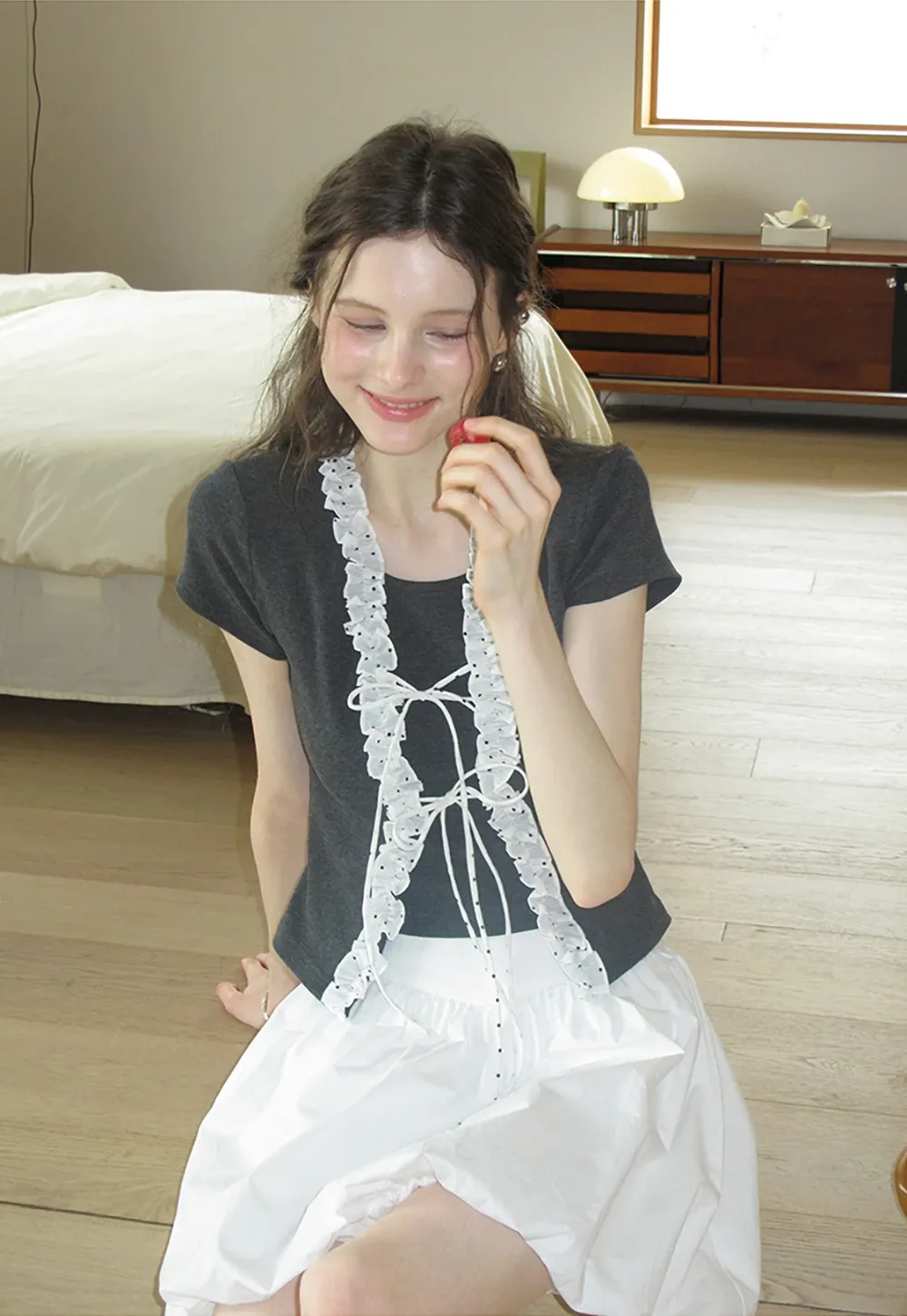 Short Sleeve Ruffle Crop Top with Bow Detail