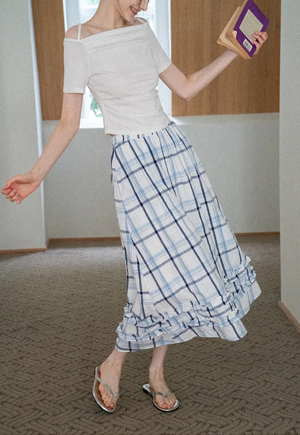 Blue-Check Ruffled Hem Midi Skirt