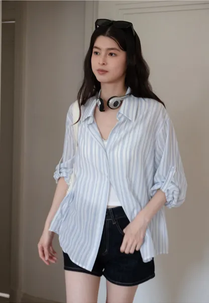 Breathable Cotton Striped Long Sleeve Shirt for Women