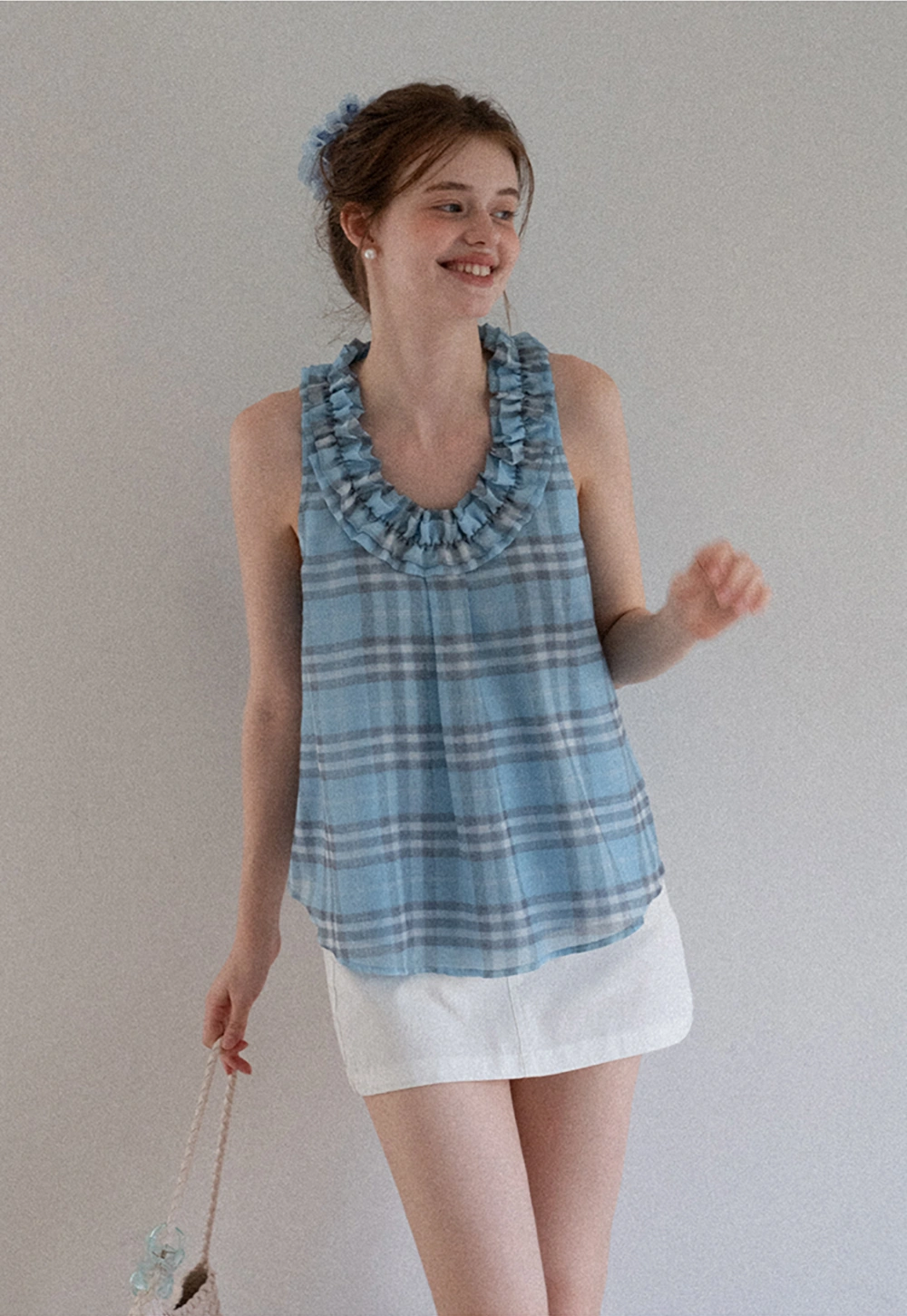 Women’s Ruffle Trim U-Neck Plaid Tank Top