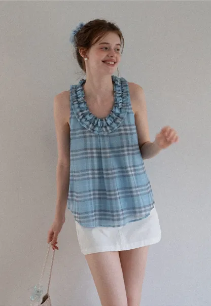 Women’s Ruffle Trim U-Neck Plaid Tank Top