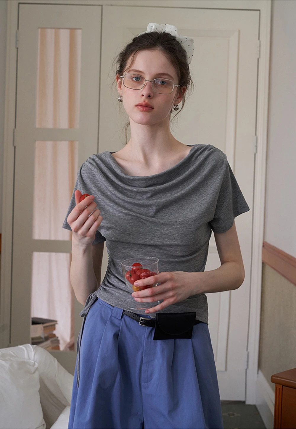 Women's Ruched Side Cowl Neck T-Shirt