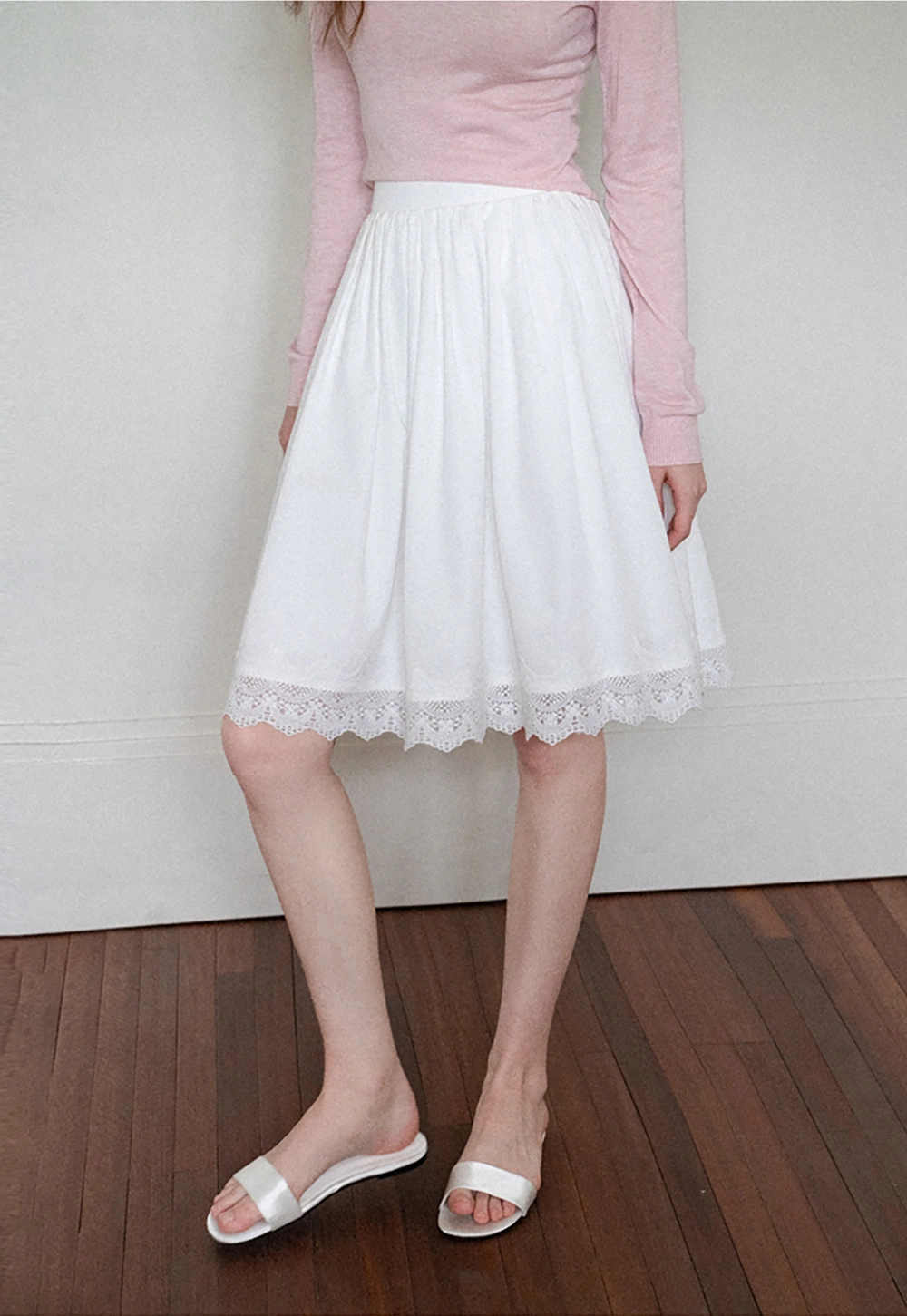 Women's High Waist A-Line Lace Hem Midi Skirt