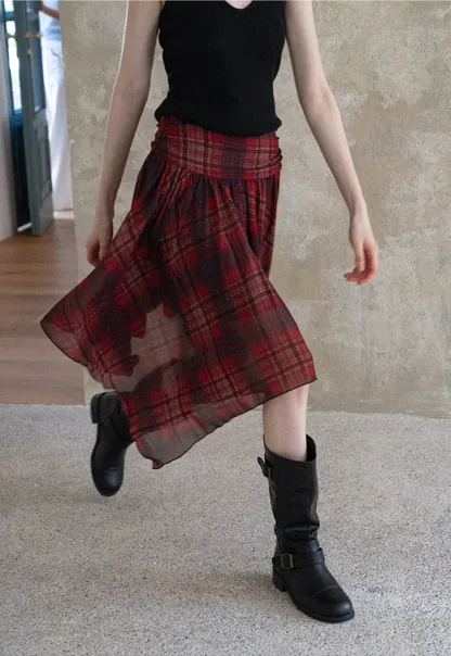Women's Asymmetrical Plaid Midi Skirt 