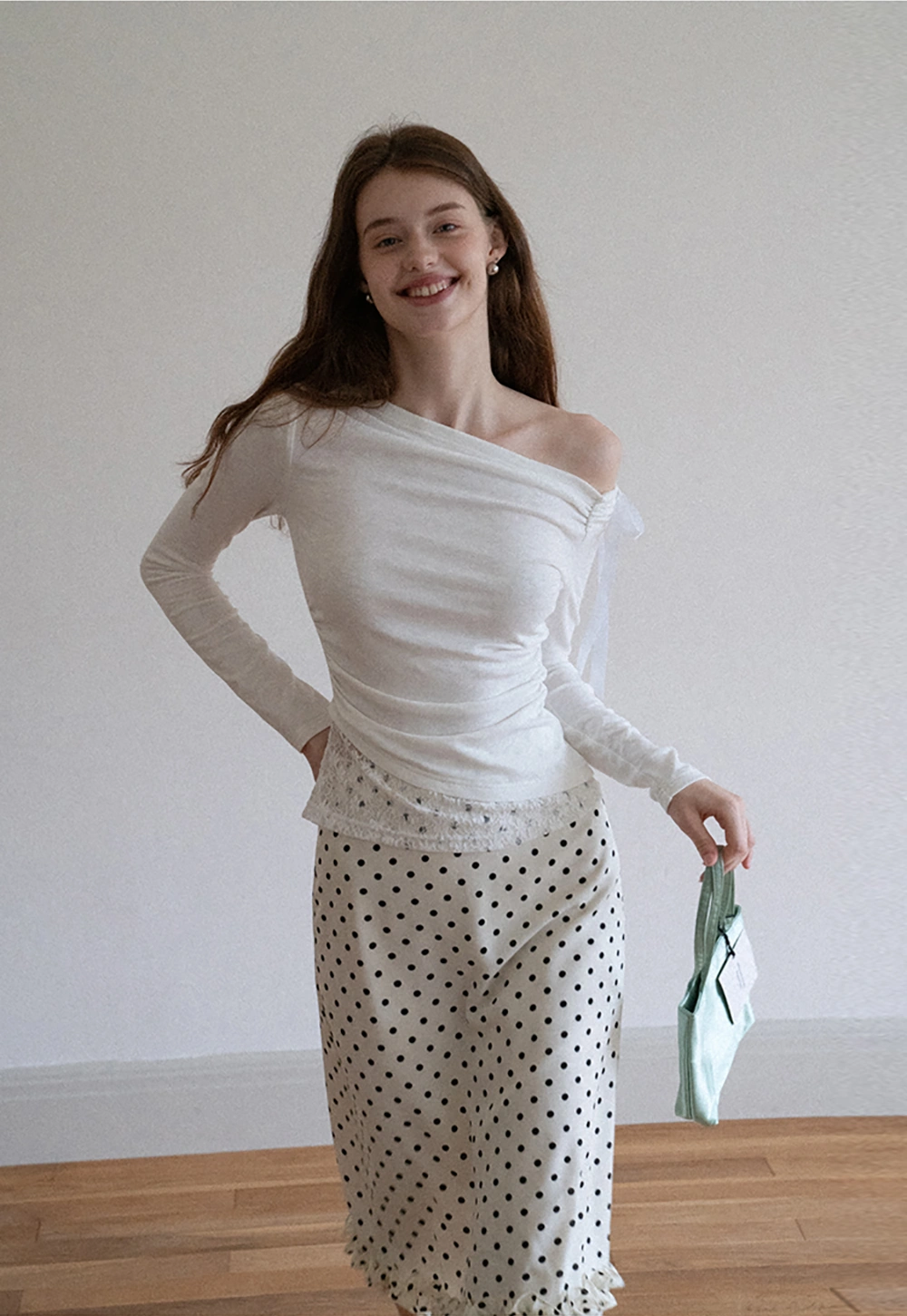 Women One Shoulder Tie Ruched Long Sleeve Off Shoulder Tee