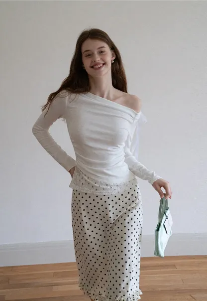 Women One Shoulder Tie Ruched Long Sleeve Off Shoulder Tee