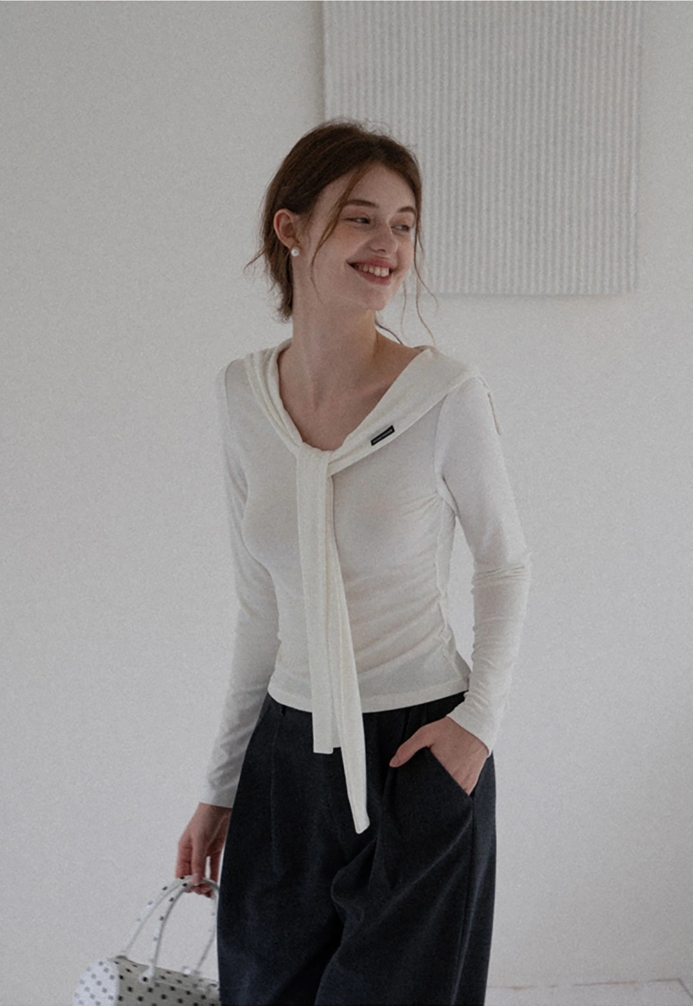 Off-shoulder Tie-detail Long Sleeve Knit Top