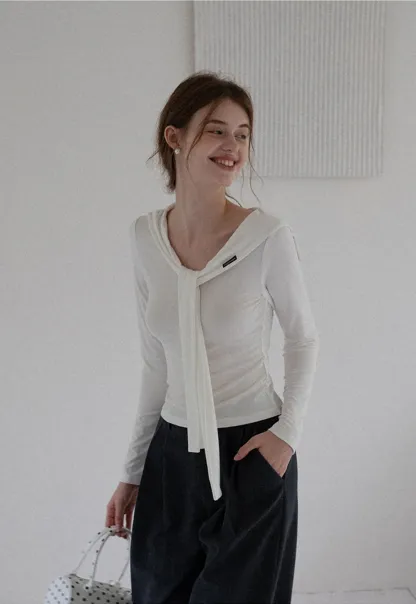 Off-shoulder Tie-detail Long Sleeve Knit Top