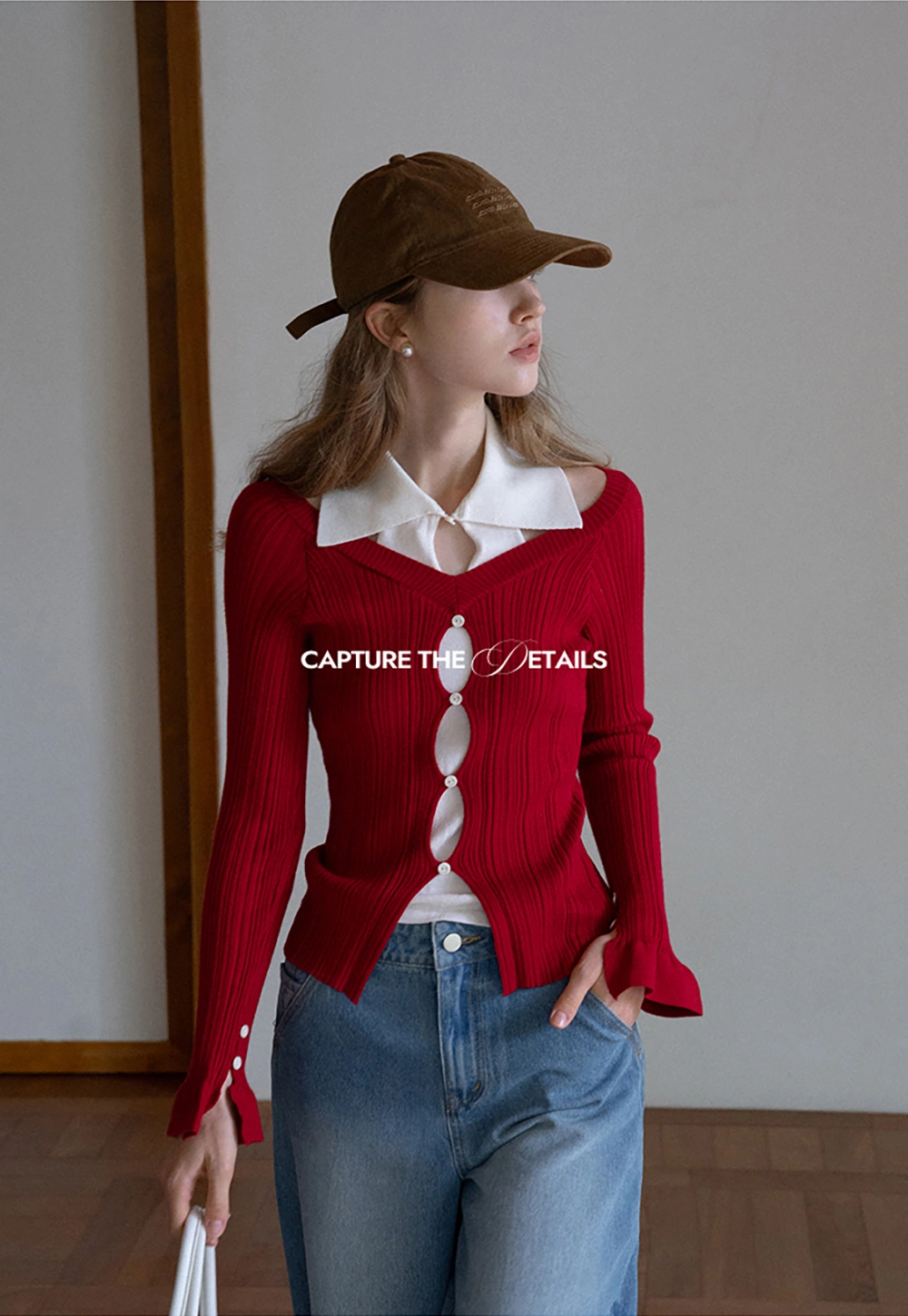 Womens Contrast Collar Cutout Knit Cardigan