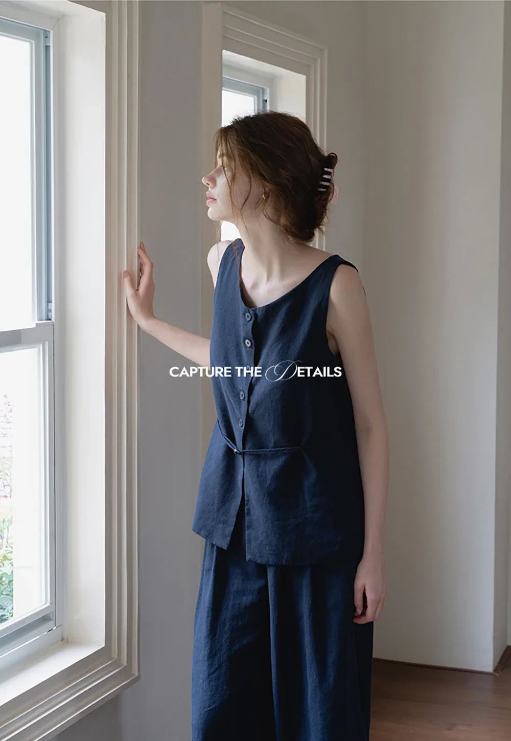 Women’s Button Vest & Wide-Leg Pants Set with Waist Cord