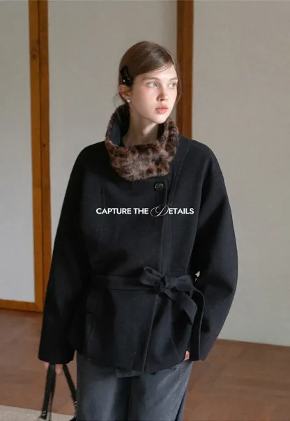 Faux Fur Trim Belted Wool Coat