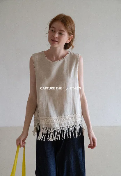 Lace Trim Tank Top with Tassel Hem