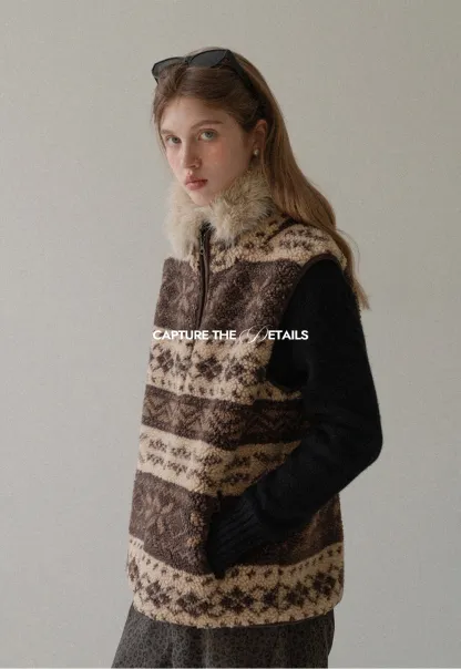 Vintage Fleece Vest Women Zip Up Sherpa Warm