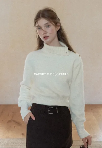Button Shoulder Turtleneck Sweater