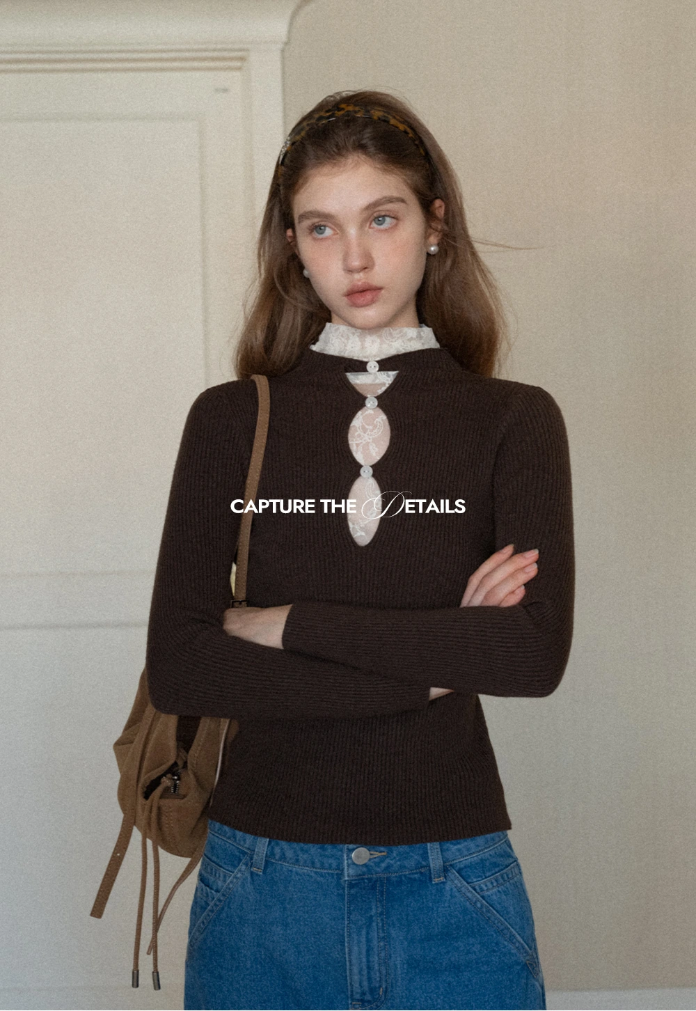 Womens Ribbed Mock Neck Top with Lace Buttons