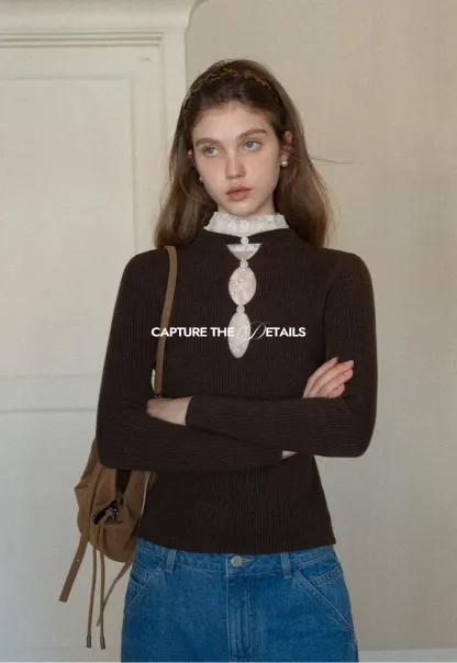 Womens Ribbed Mock Neck Top with Lace Buttons