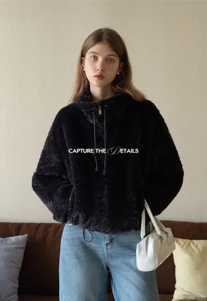 Womens Oversized Stand Collar Faux Leather and Sherpa Jacket