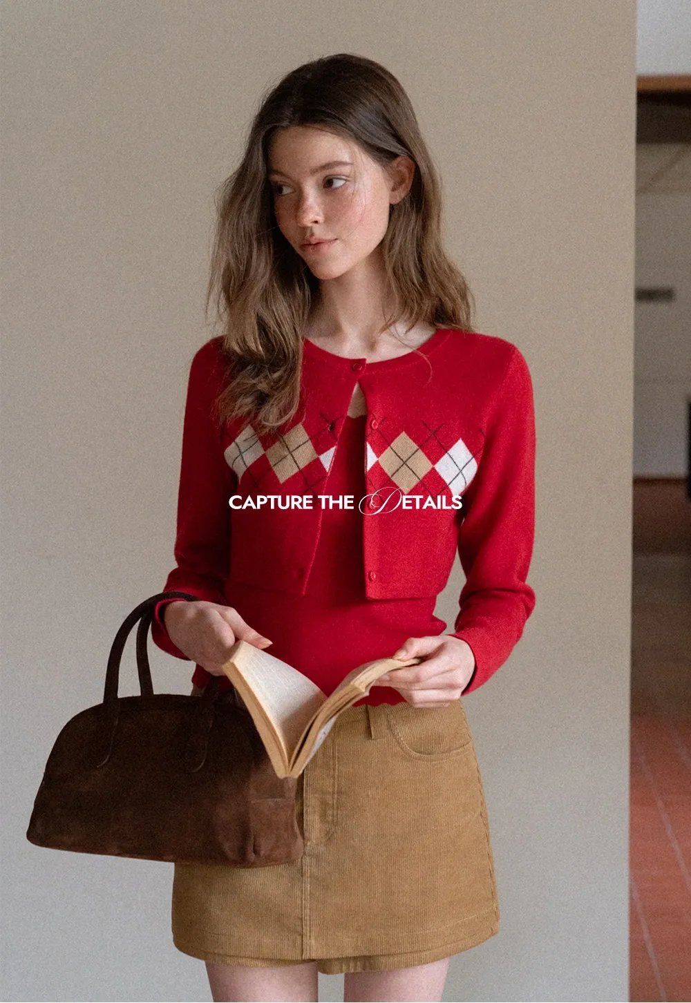 Women Red Tank Top and Argyle Cardigan Set