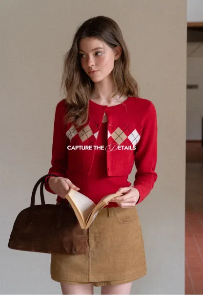 Women Red Tank Top and Argyle Cardigan Set