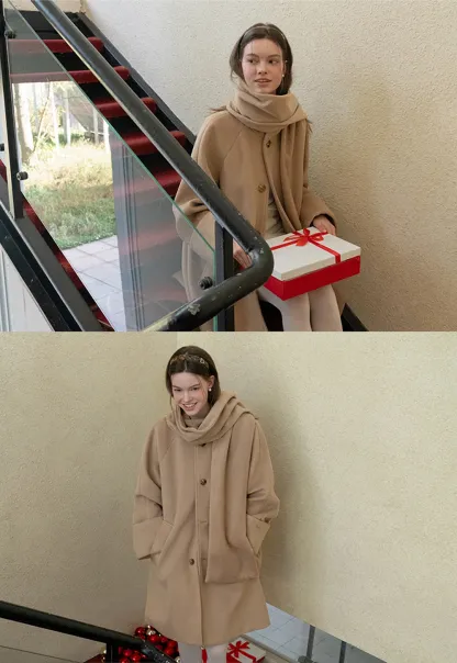 Women Wool Coat with Attached Scarf