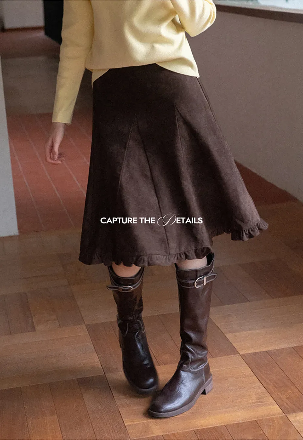 Ruffled Hem Suede A-Line Skirt