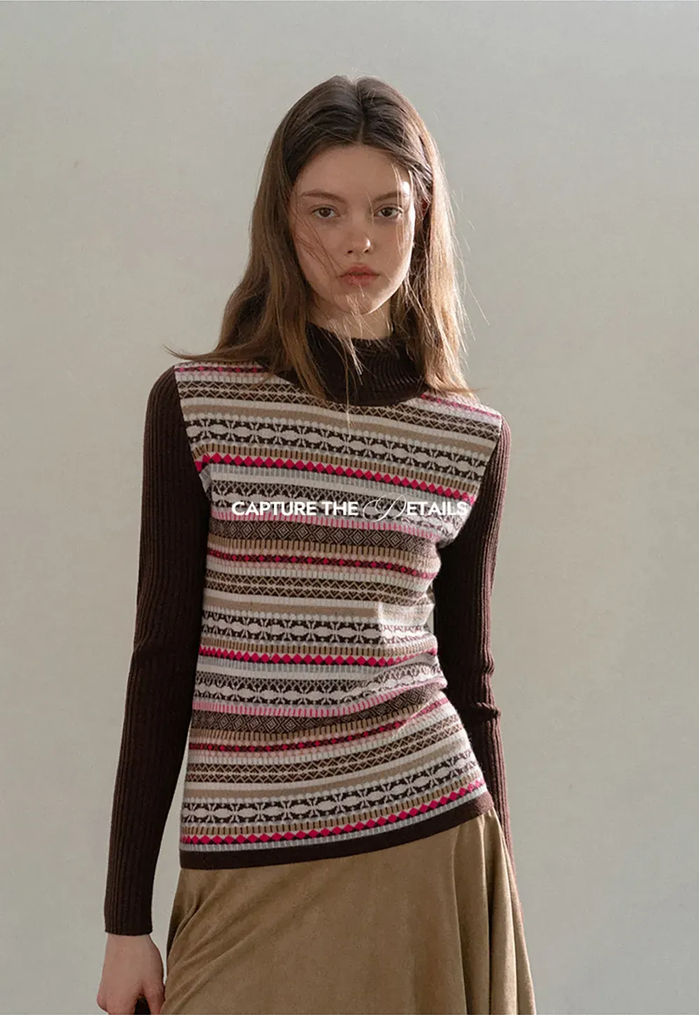 Striped Fair Isle Turtleneck Knit Top