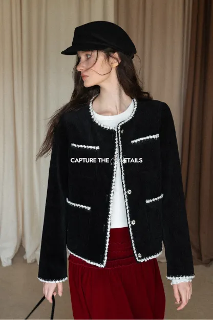 Womens Classic Contrast Trim Tweed Short Jacket