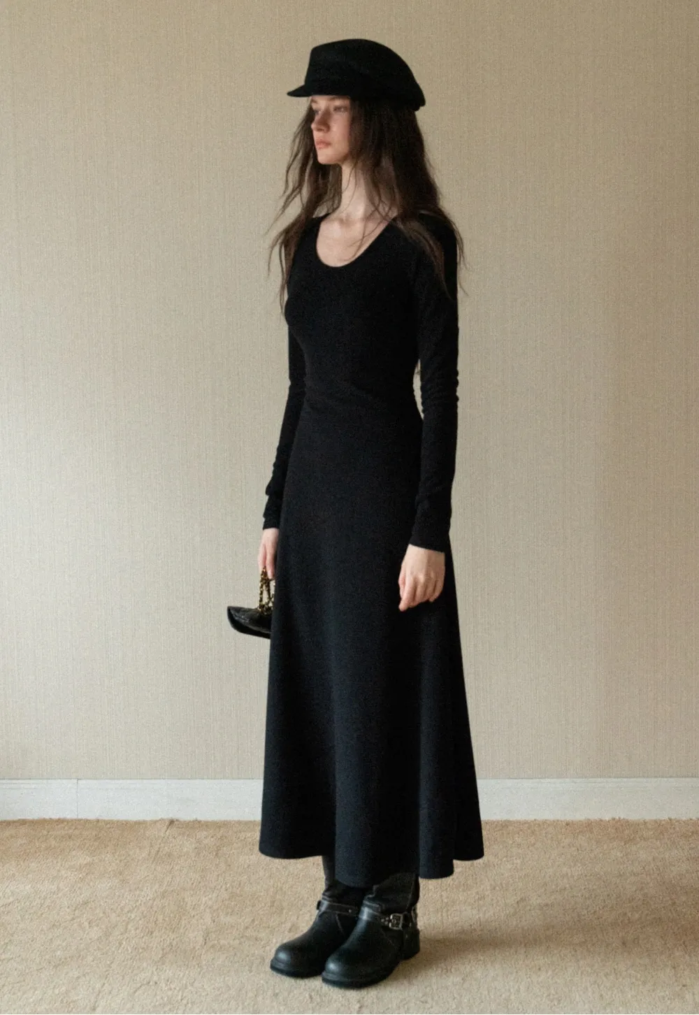 Black Long Sleeve Dress with Grey Cardigan Set