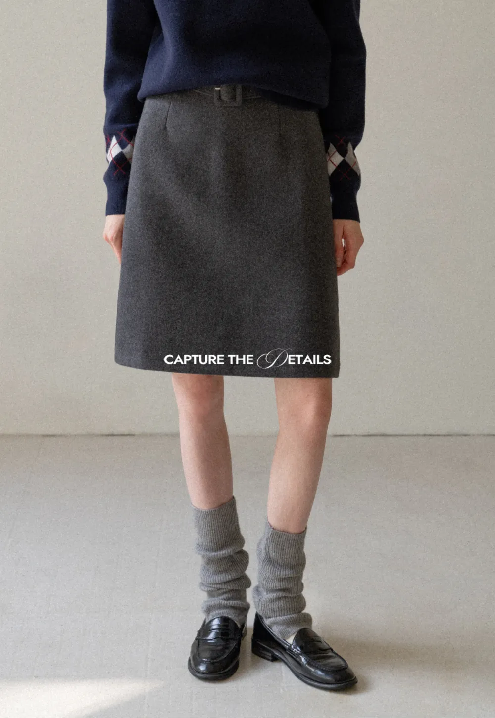 Wool Belted A-Line Mini Skirt in Charcoal