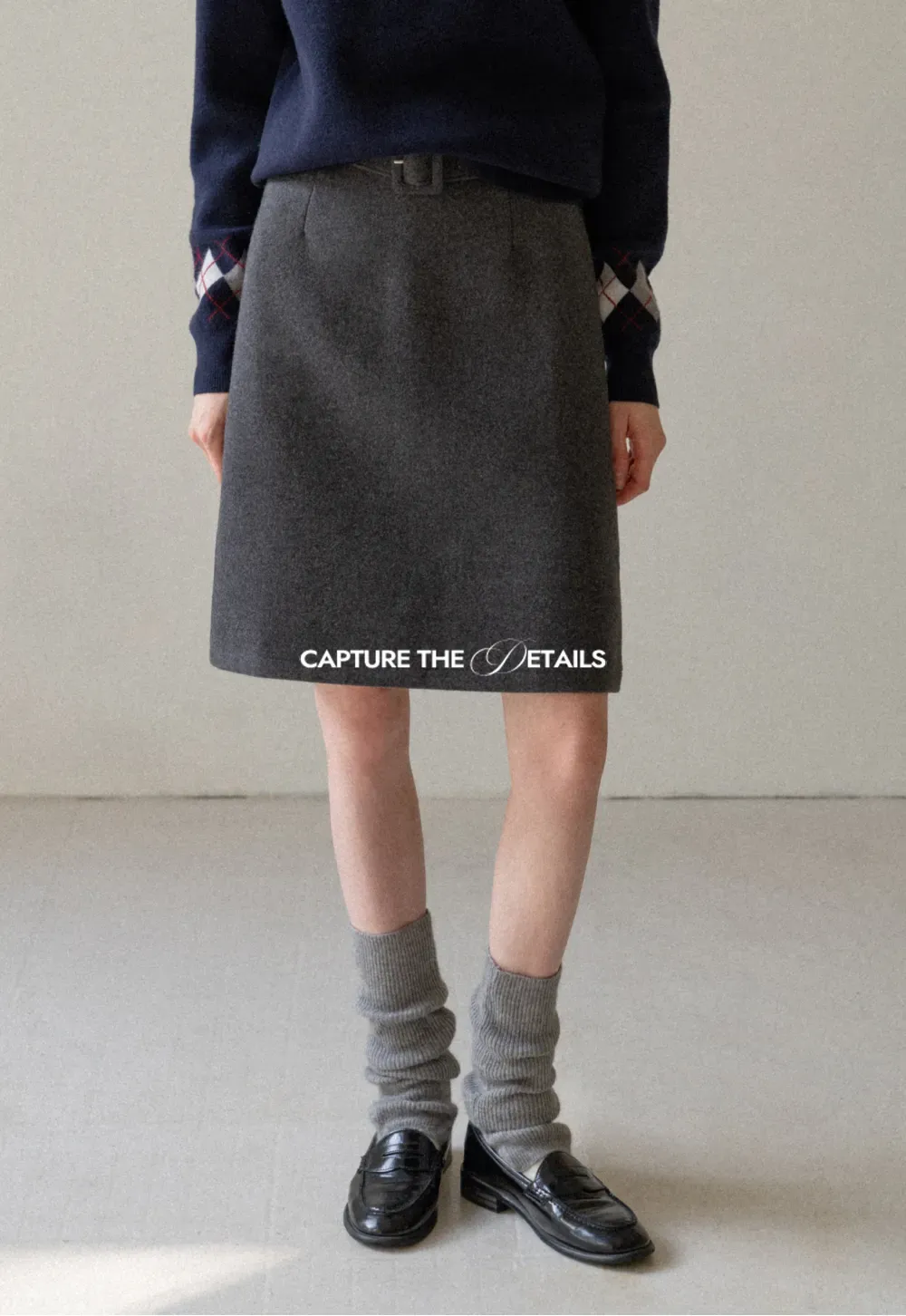 Wool Belted A-Line Mini Skirt in Charcoal