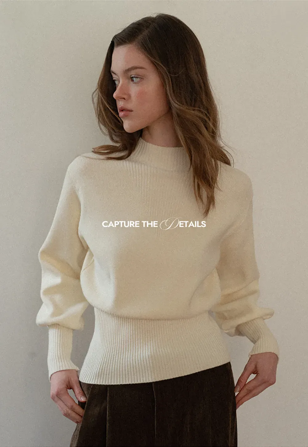 Ribbed High-Neck Sweater with Balloon Sleeves