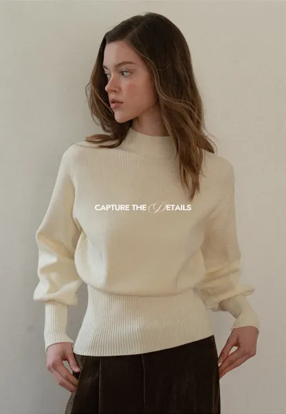 Ribbed High-Neck Sweater with Balloon Sleeves